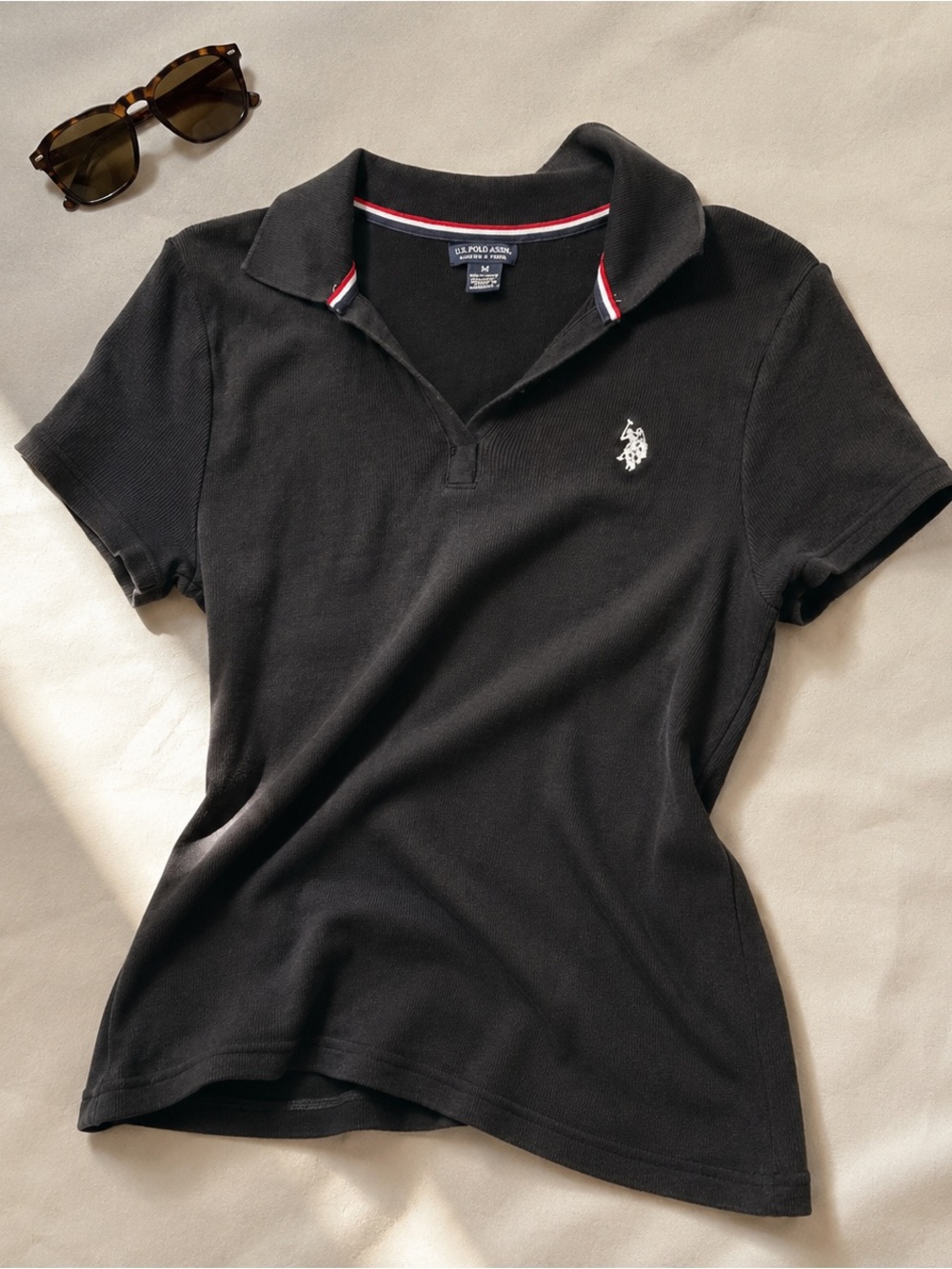 U.S. Polo Assn Fitted Ribbed Polo Black Contrast Trim Stretch Top M